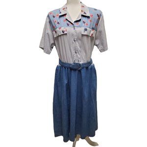 NWT Vintage 90s Tap & Co Dress Denim Skirt Floral Stripes Belt Midi Size 12